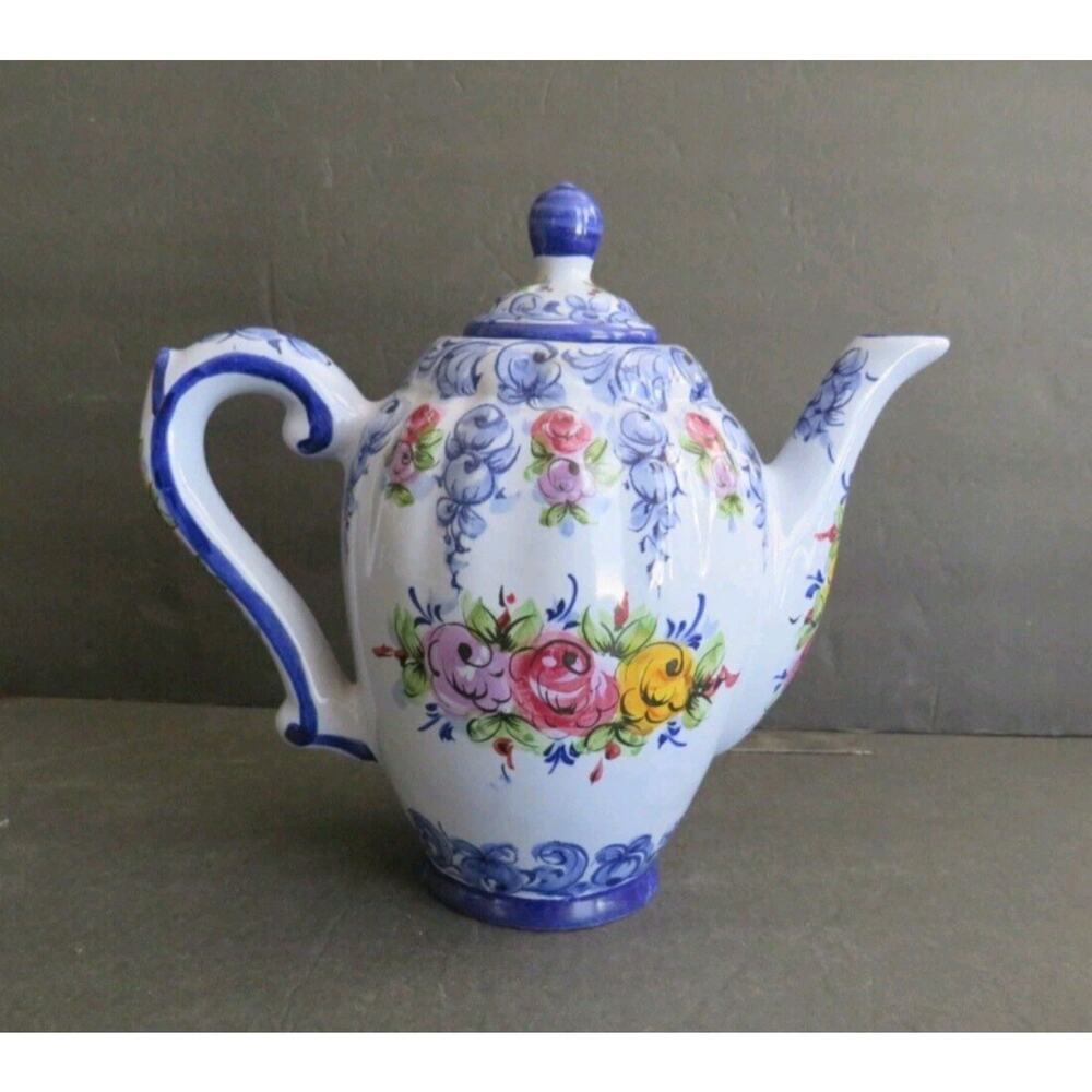 Vintage Vestal Alcobaca Coffee Pot #366 Portugal Hand Painted Blue Floral Cerami